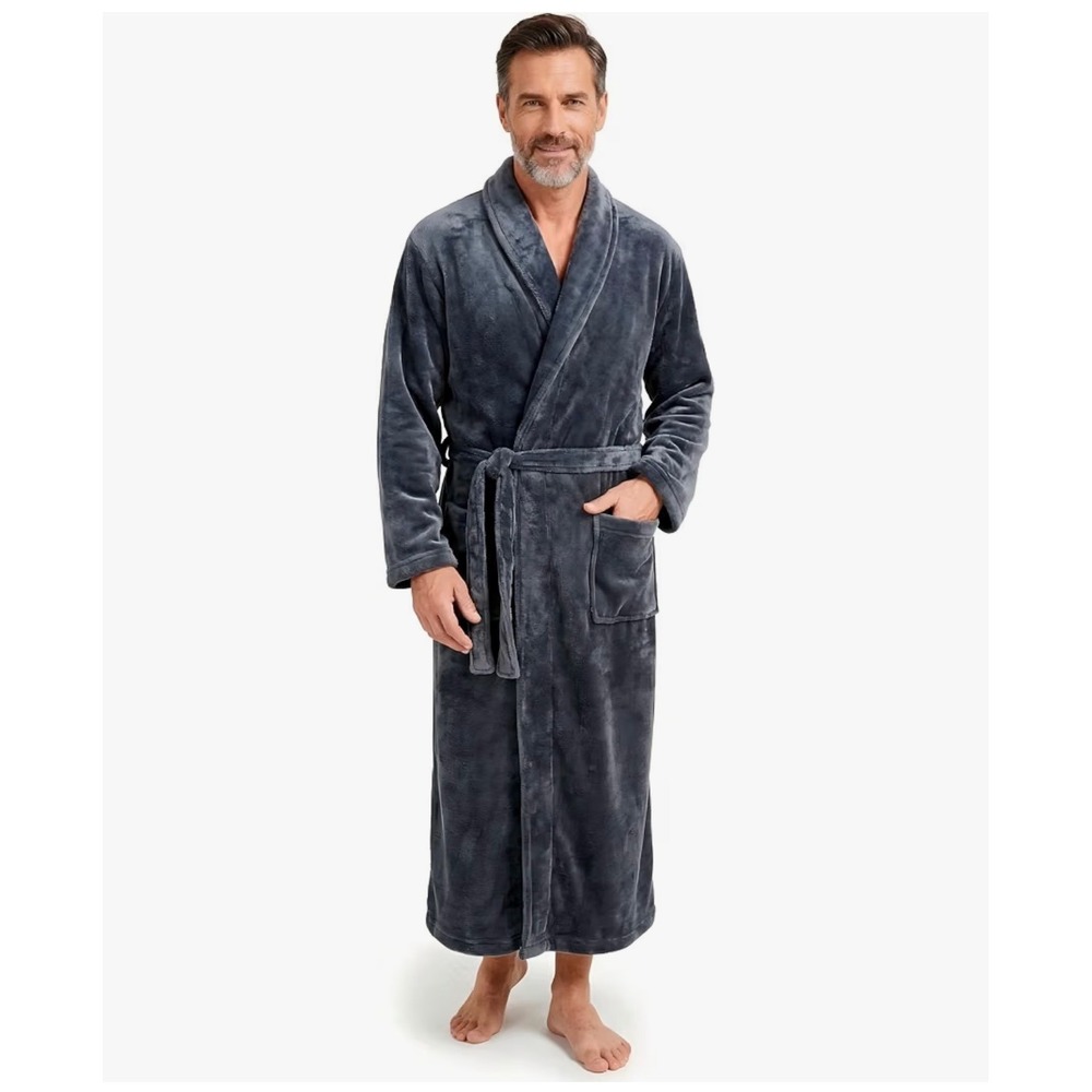 Plush Fleece Robe Grey Shawl Collar Ankle Length Bathrobe S/M FG FEAYIGUDIM Mens
